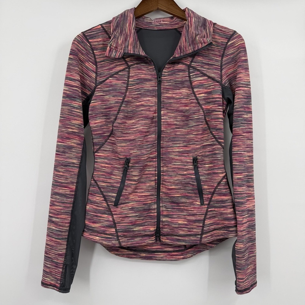 Zella Track Jacket Womens M Multicolor Striped Full Zip Thumbholes Reflective